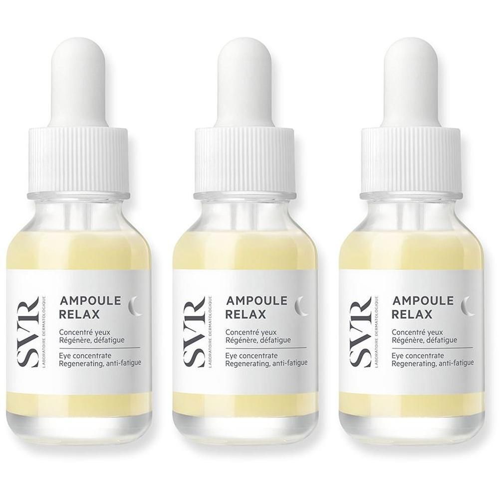 Tre flaconcini in vetro con contagocce, contenenti liquido giallo. Etichetta SVR Ampoule Relax.