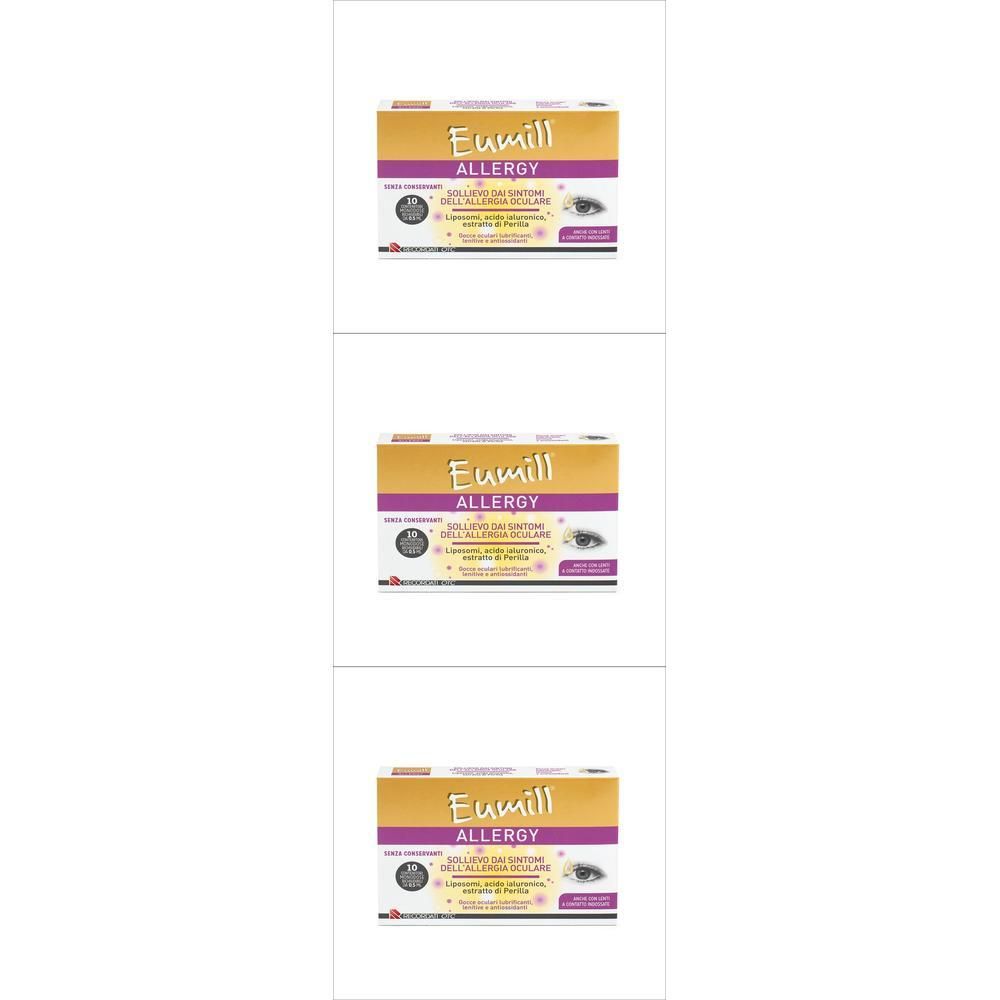 Eumill Allergy: Confezione da 10 flaconcini monodose per allergie oculari.