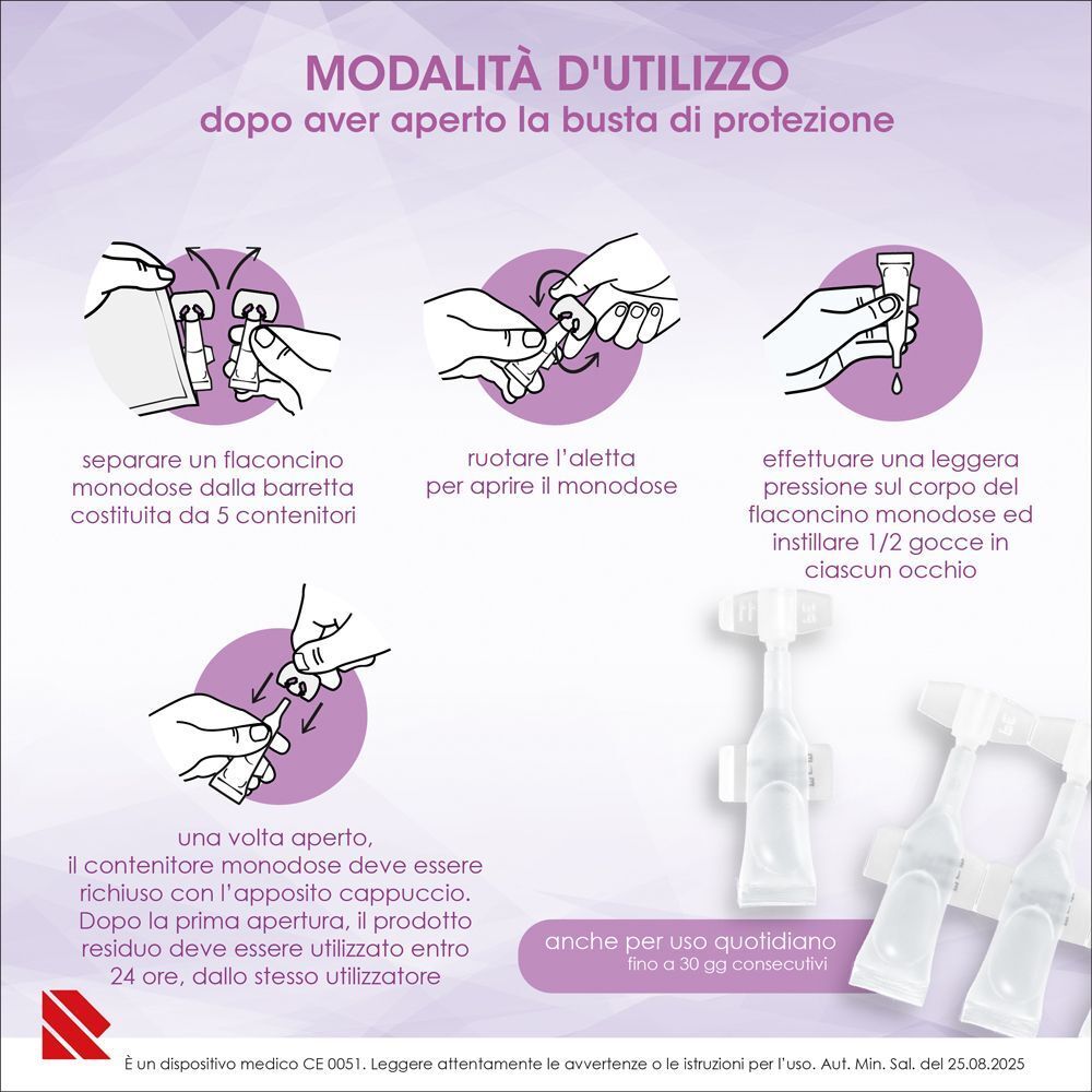 Utilizzo Eumill Allergy: Aprire monodose, instillare 1/2 goccia per occhio.
