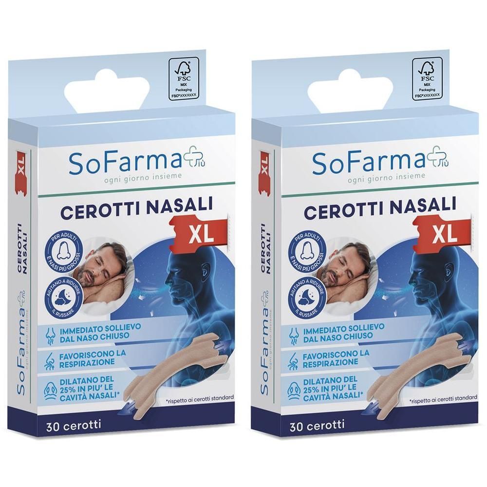Due confezioni di cerotti nasali XL SoFarma. Ogni confezione contiene 30 cerotti.