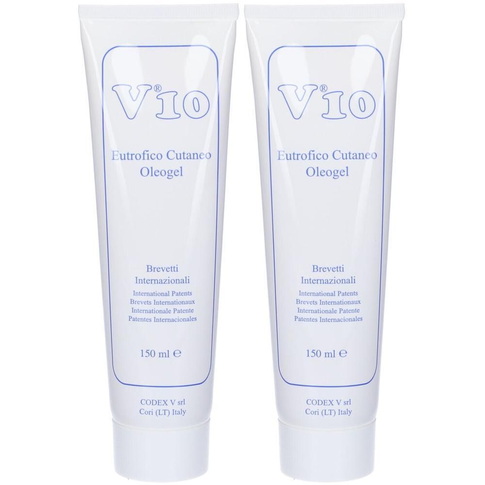 Due tubi bianchi di V10 Oleogel, 150 ml ciascuno, con scritte blu.