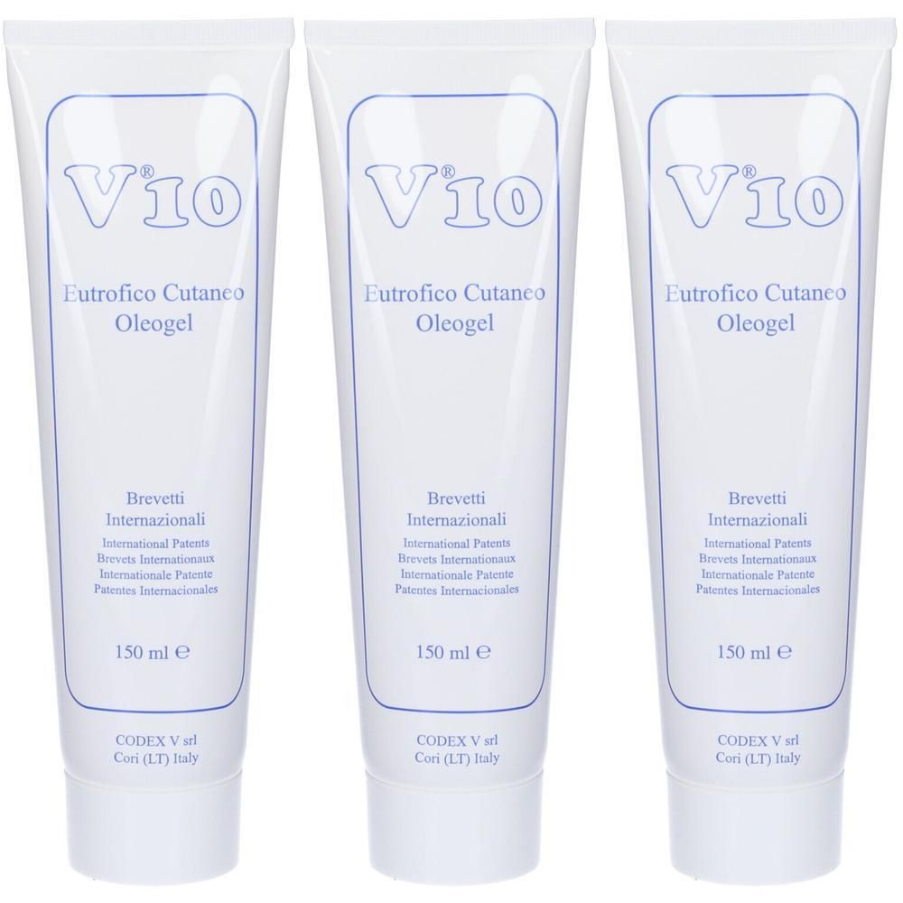 Tre tubi bianchi di V10 Oleogel, ciascuno da 150 ml.