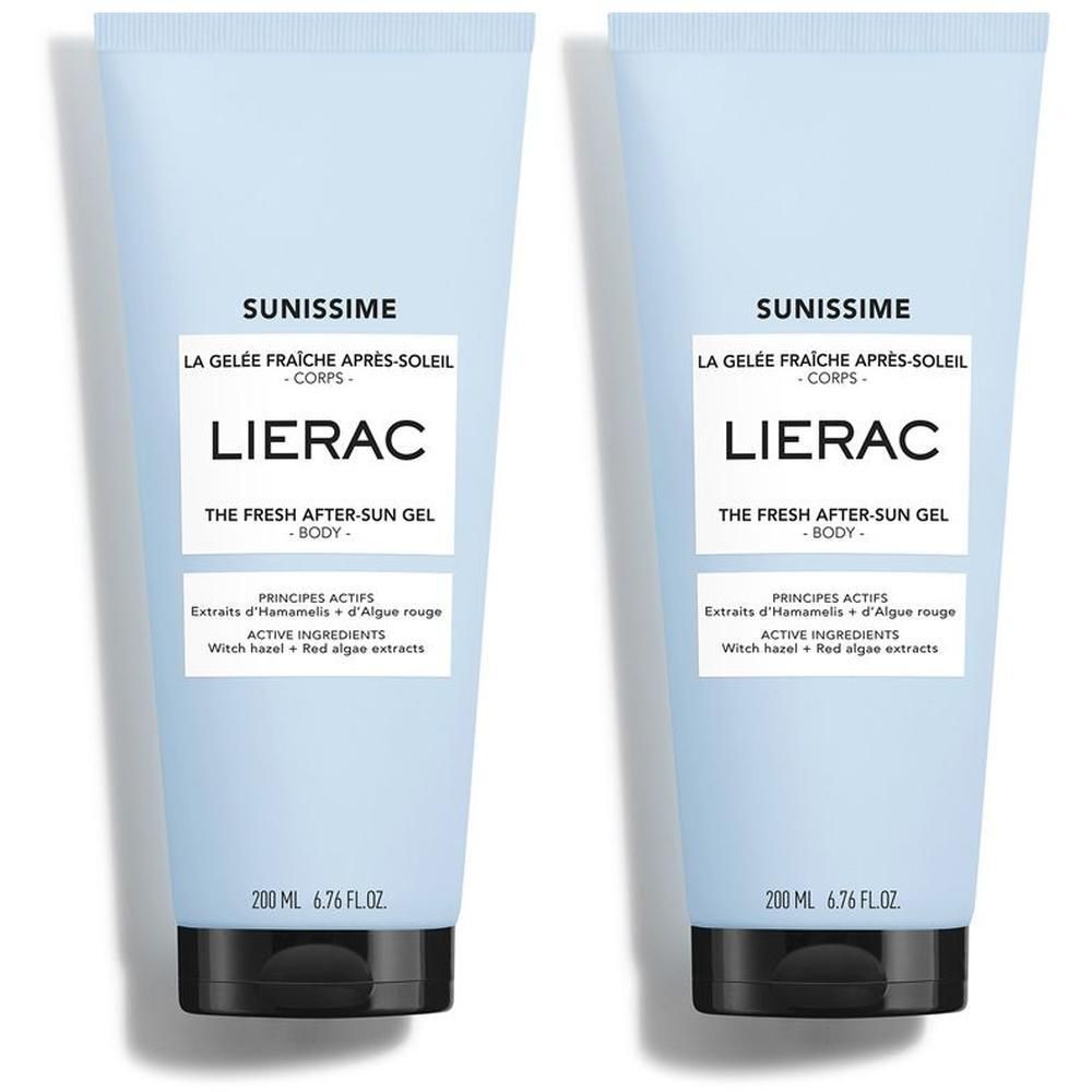 Due tubi azzurri di Lierac Sunissime Gel Doposole Corpo, 200 ml ciascuno.