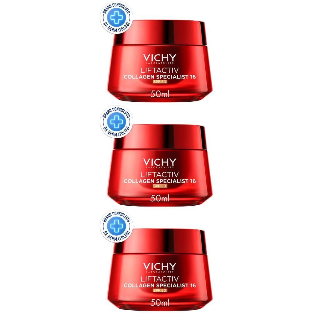 Tre vasetti Vichy Liftactiv Collagen Specialist 16 con SPF50.