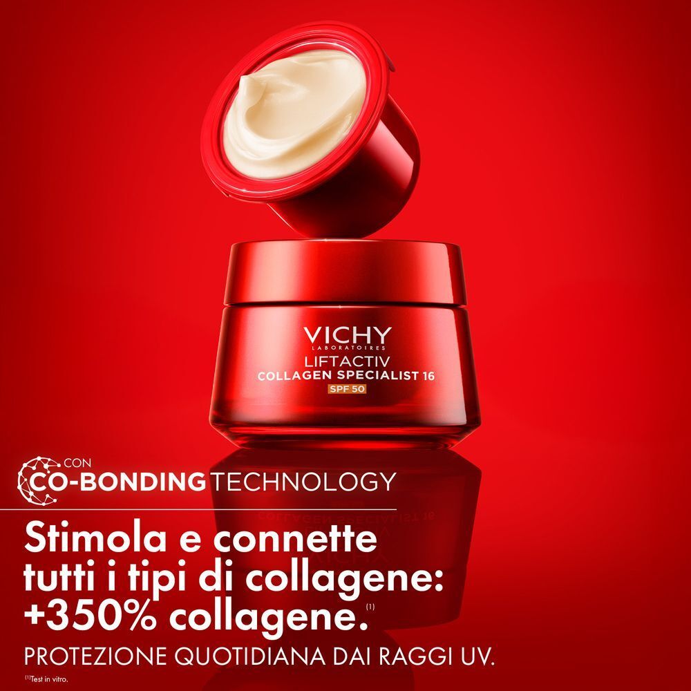 Vasetto Vichy Liftactiv Collagen Specialist 16 aperto, con crema visibile.