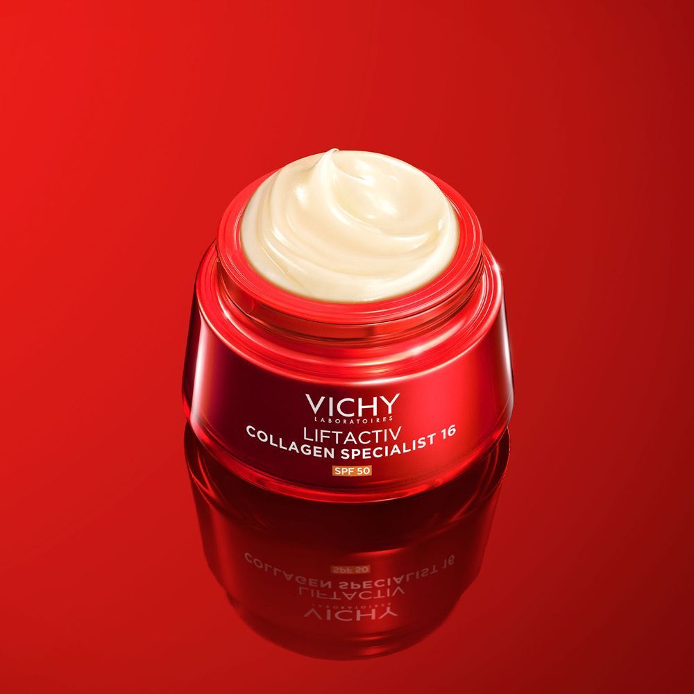 Vasetto Vichy Liftactiv Collagen Specialist 16 aperto, con crema visibile.
