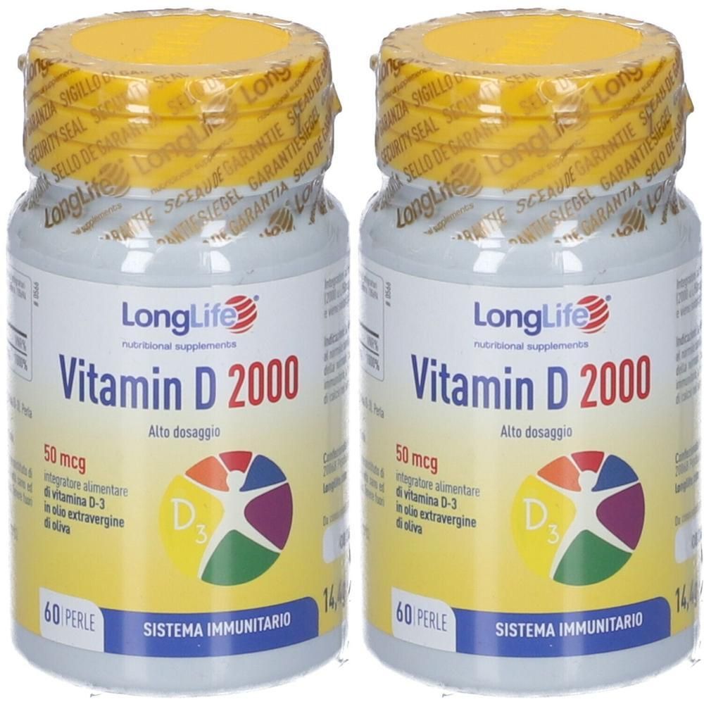 Due flaconi di LongLife Vitamina D 2000, 60 perle per flacone. Per il sistema immunitario.