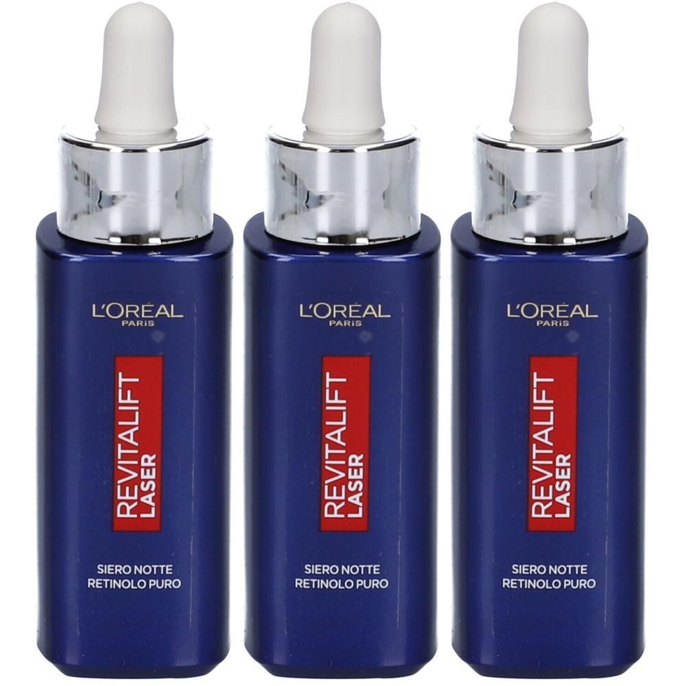 Tre flaconi di siero notte L'Oréal Paris Revitalift Laser Retinol Puro con contagocce.