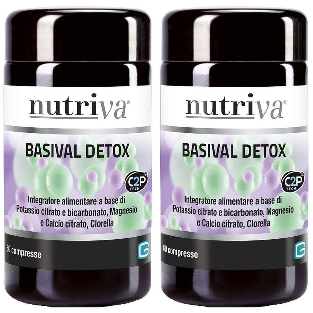 Due contenitori Nutriva Basival Detox da 60 compresse ciascuno. Contenitori scuri con etichetta bianca e design viola-verde.