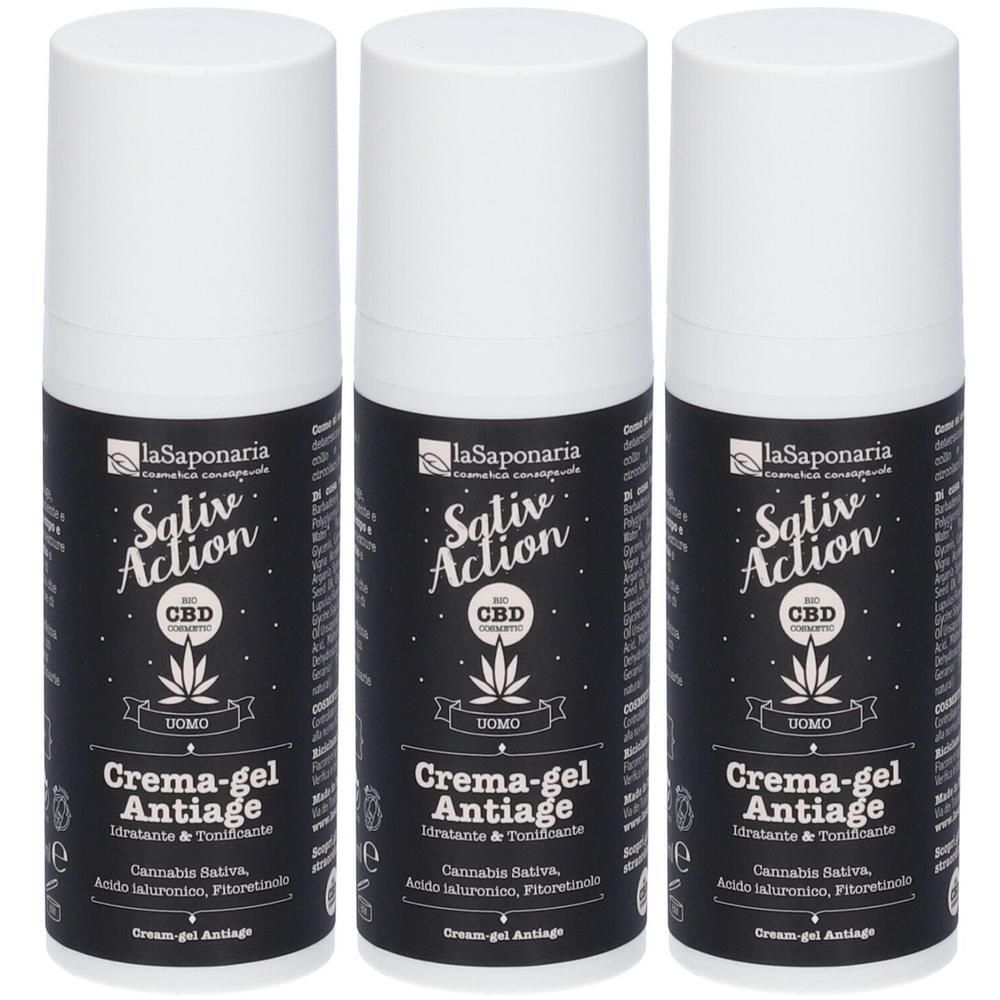 Tre flaconi di La Saponaria Sativaction Crema-Gel Viso Antiage con CBD. Trattamento uomo.