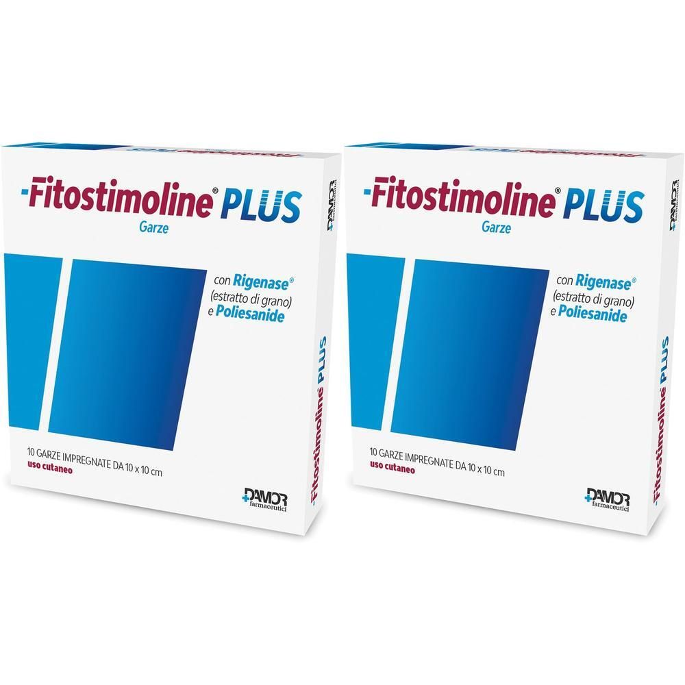 Due confezioni di garze Fitostimoline PLUS, 10x10cm. Contiene Rigenase.