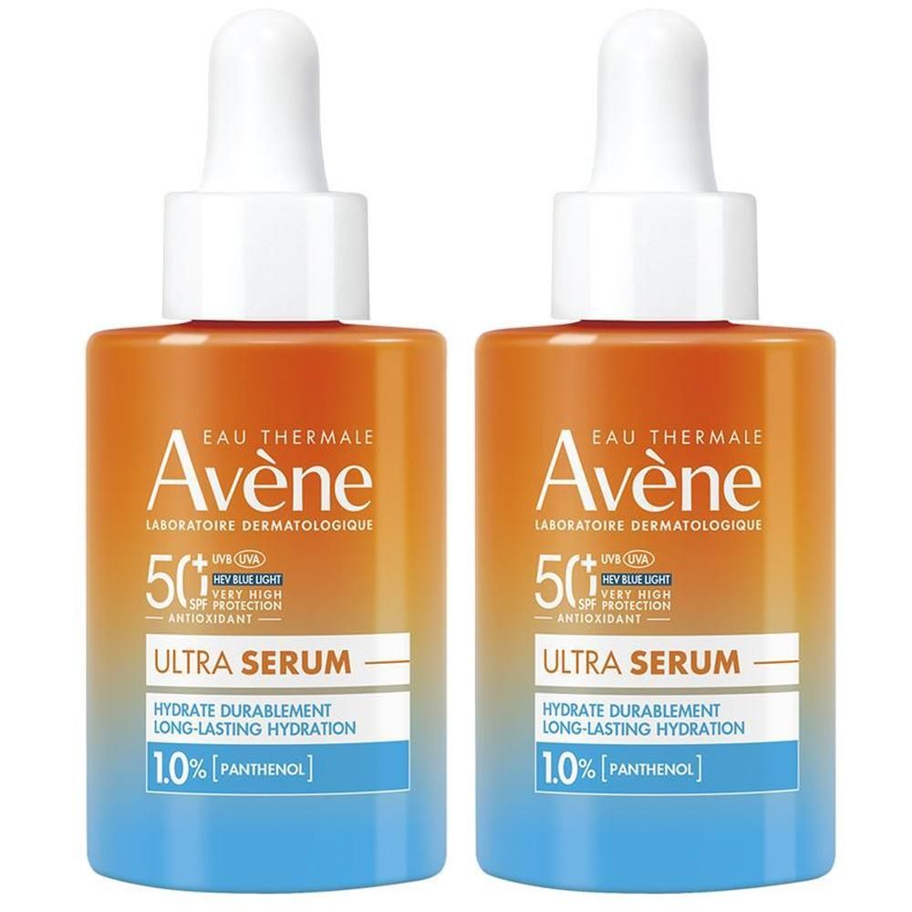Due flaconi Eau Thermale Avène Ultra Siero SPF50+ con contagocce. Gradazioni arancio-blu.