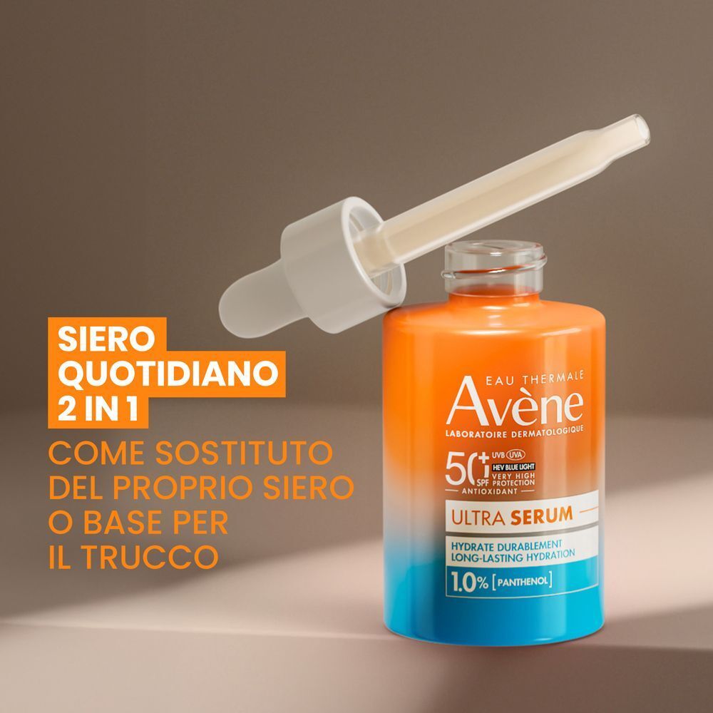 Flacone Eau Thermale Avène Ultra Siero SPF50+ con contagocce. Testo: 'Siero quotidiano 2 in 1'.