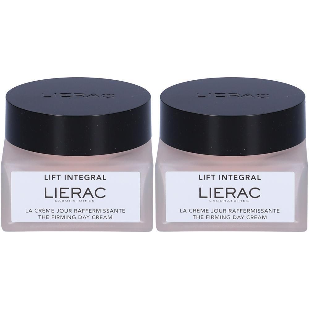 Due vasetti di crema giorno rassodante LIERAC Lift Integral con tappi neri.