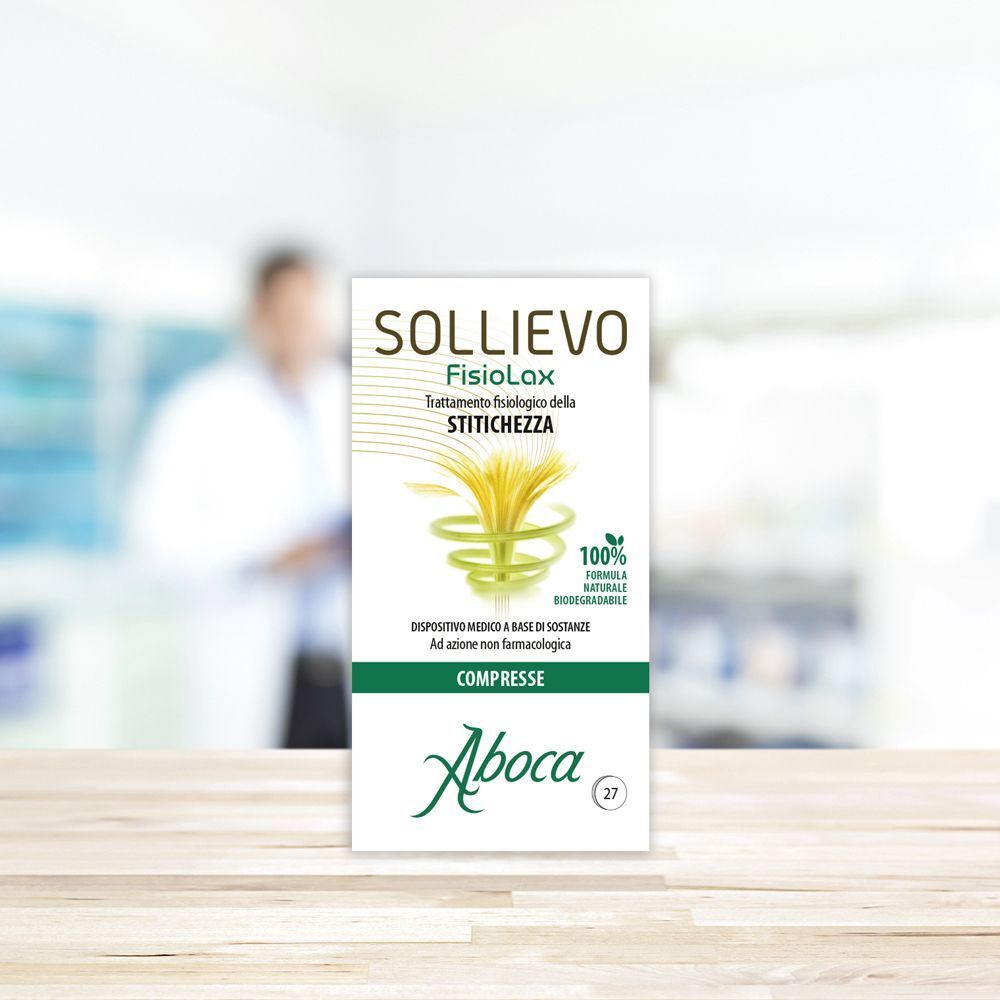 Confezione Sollievo Fisiolax 27 compresse, Aboca, con pianta stilizzata.