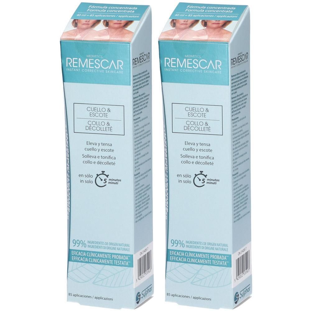 Due confezioni di crema lifting Remescar per collo e décolleté. Formula con 99% ingredienti naturali.