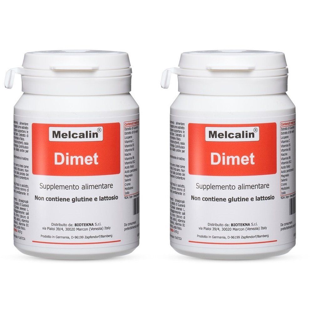 Due contenitori bianchi con etichette che mostrano Melcalin Dimet e 'Supplemento alimentare'.