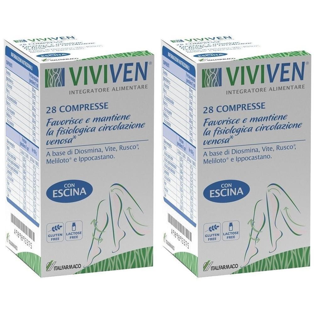 Due confezioni di Viviven integratore alimentare, 28 compresse, per favorire la circolazione venosa.