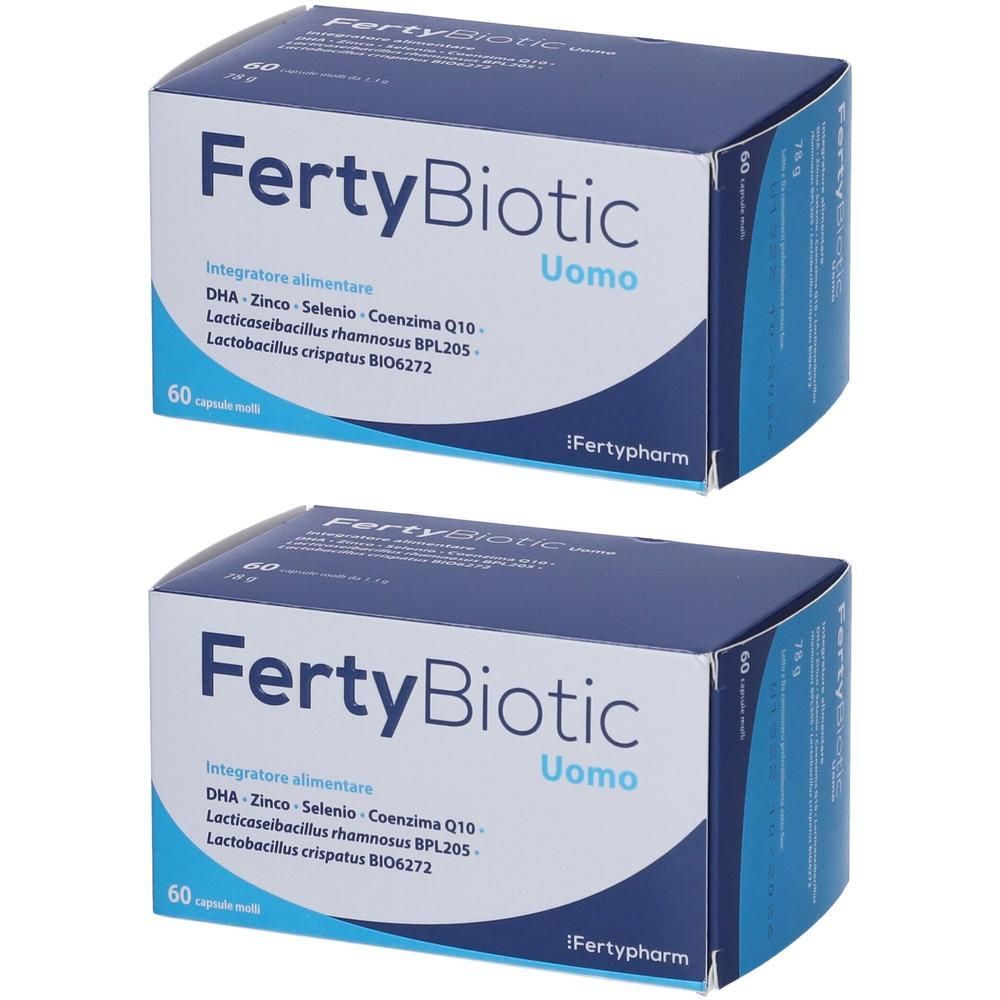 Due confezioni di FertyBiotic Uomo, integratore alimentare da 60 capsule.