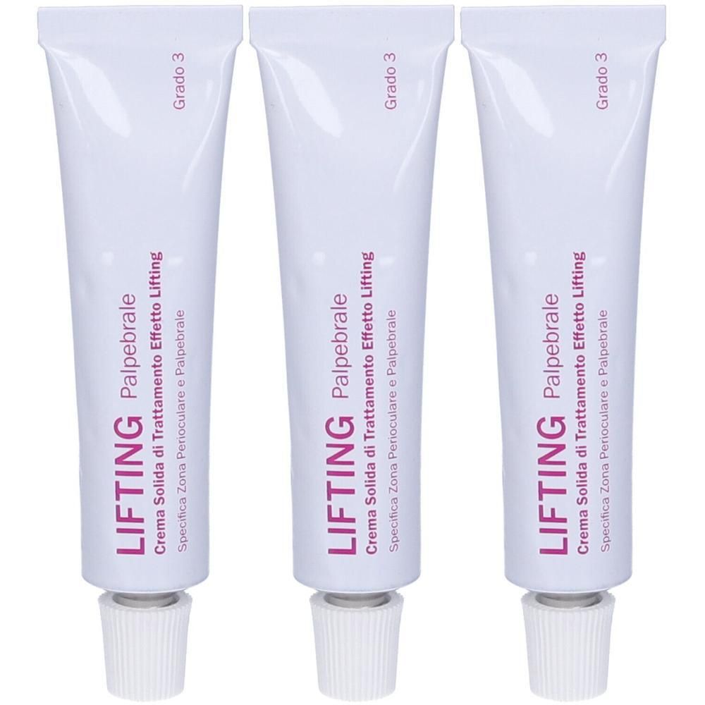 Tre tubetti bianchi di crema lifting per zona perioculare e palpebrale, Grado 3.