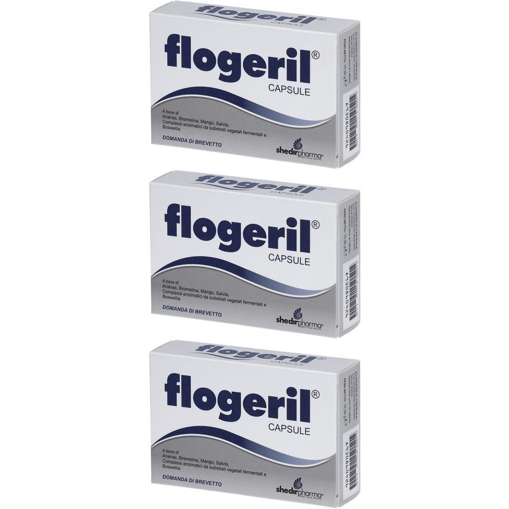 Tre scatole di capsule Flogeril, bianche con scritte blu e motivo a onde.