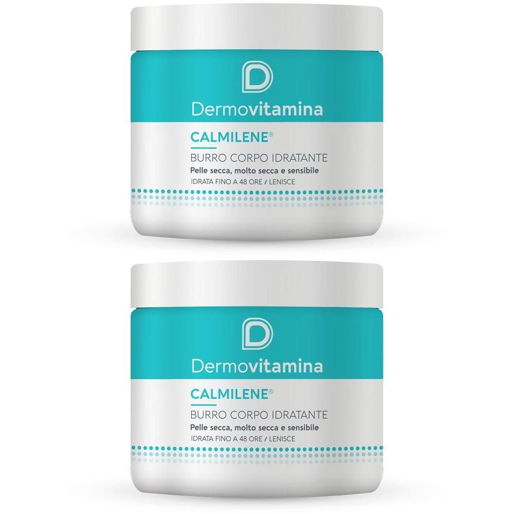 Due vasetti di Burro Corpo Dermovitamina Calmilene®. Vasetti bianchi con fascia turchese e informazioni sul prodotto.