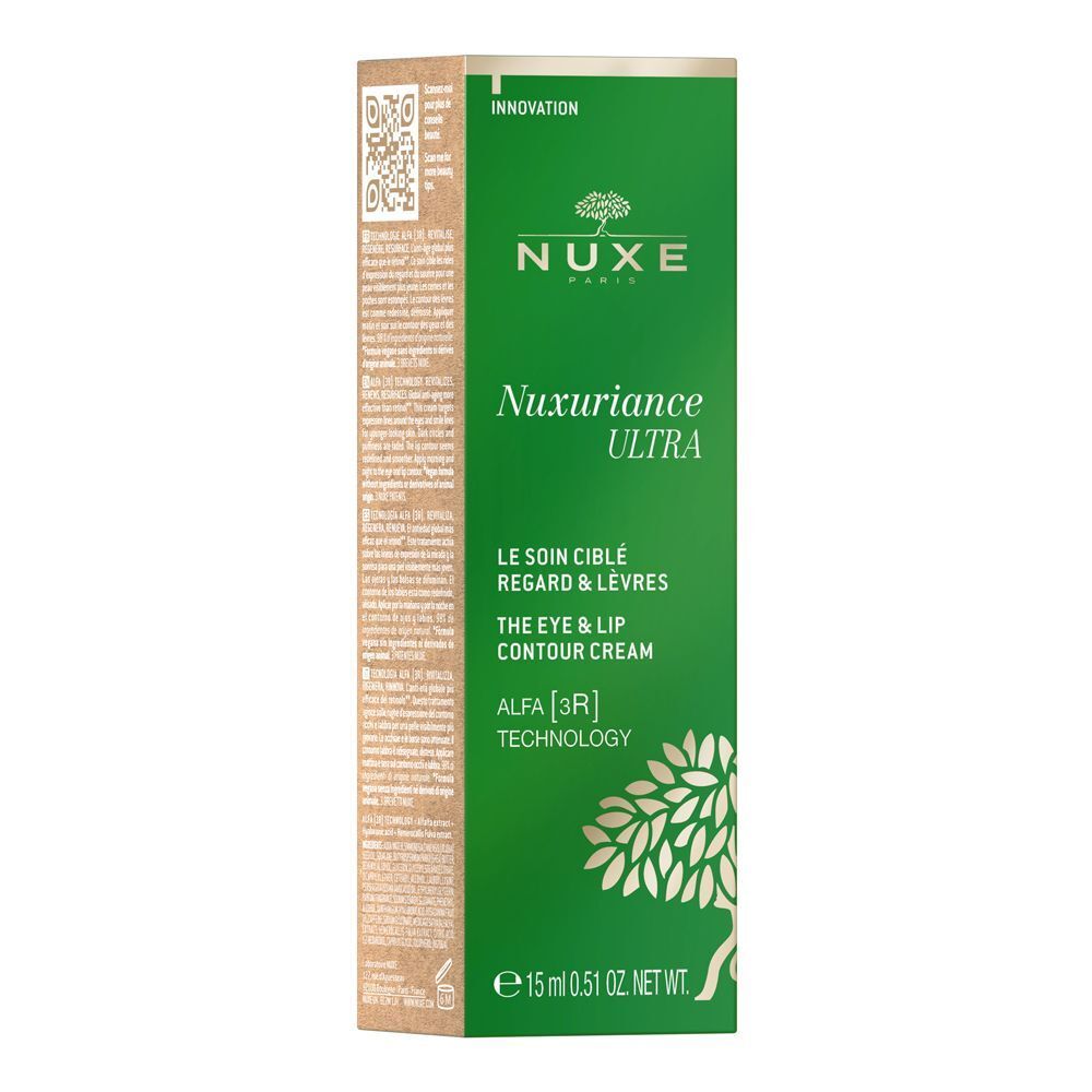 Confezione verde Nuxe Nuxuriance Ultra crema contorno occhi e labbra, 15 ml.