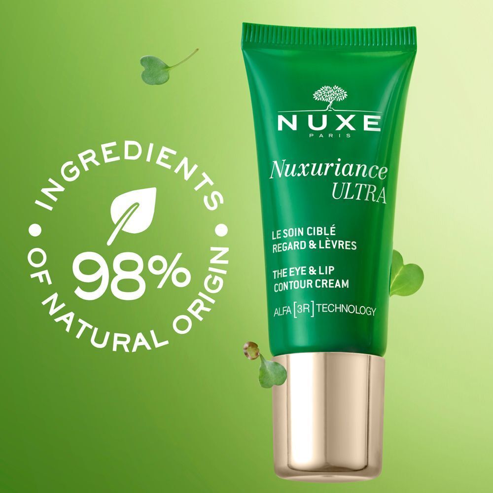 Tubo verde Nuxe Nuxuriance Ultra crema contorno occhi e labbra, 98% ingredienti di origine naturale.