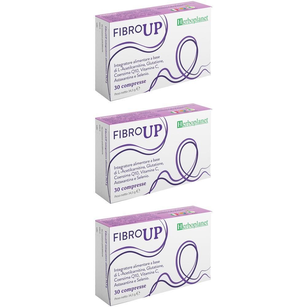 Tre confezioni di Fibro Up Compresse, 30 compresse per confezione. Contiene L-Acetilcarnitina, Glutatione, Coenzima Q10, Vitamina C, Astaxantina e Selenio.