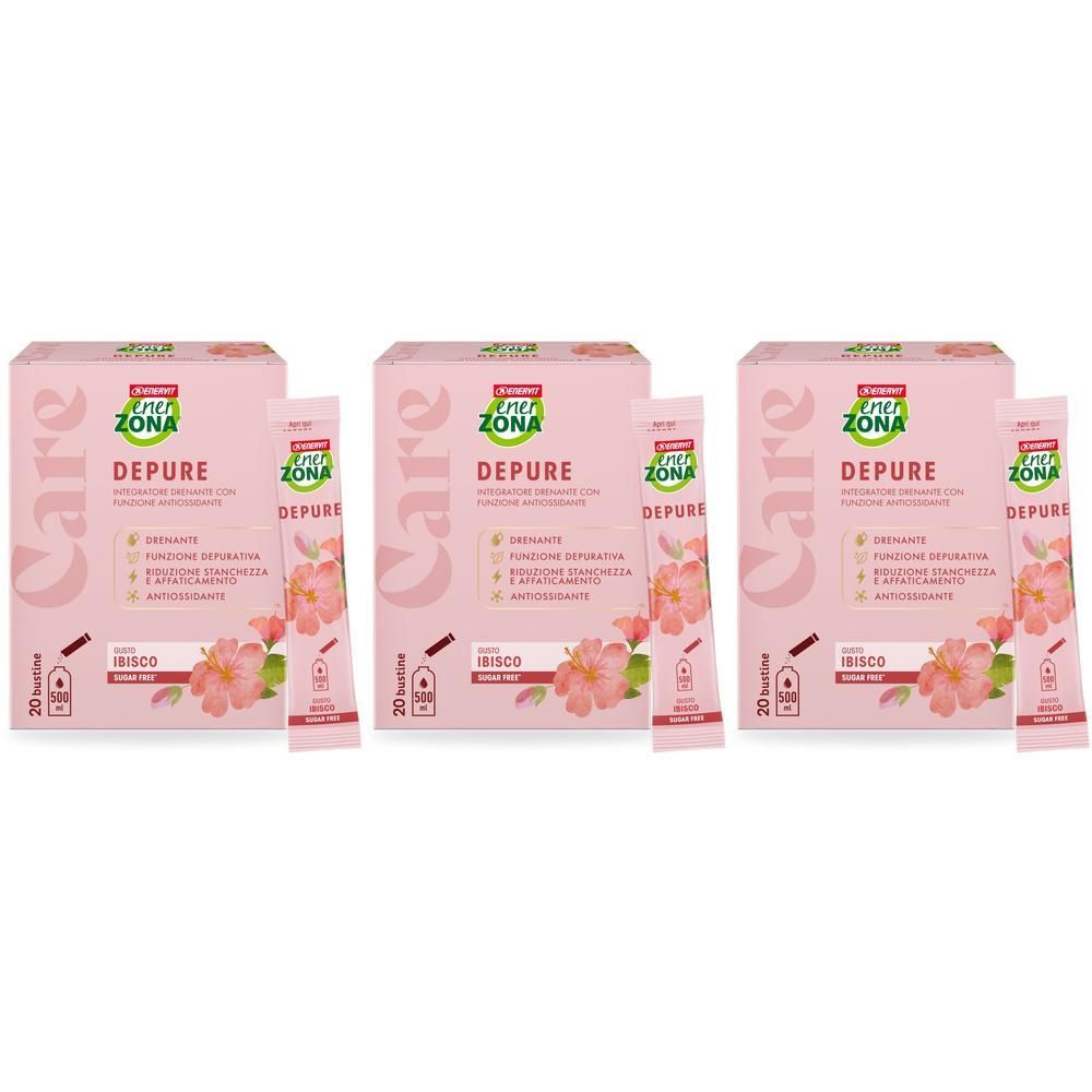 Tre confezioni e bustine EnerZona Care Depure con motivo floreale.