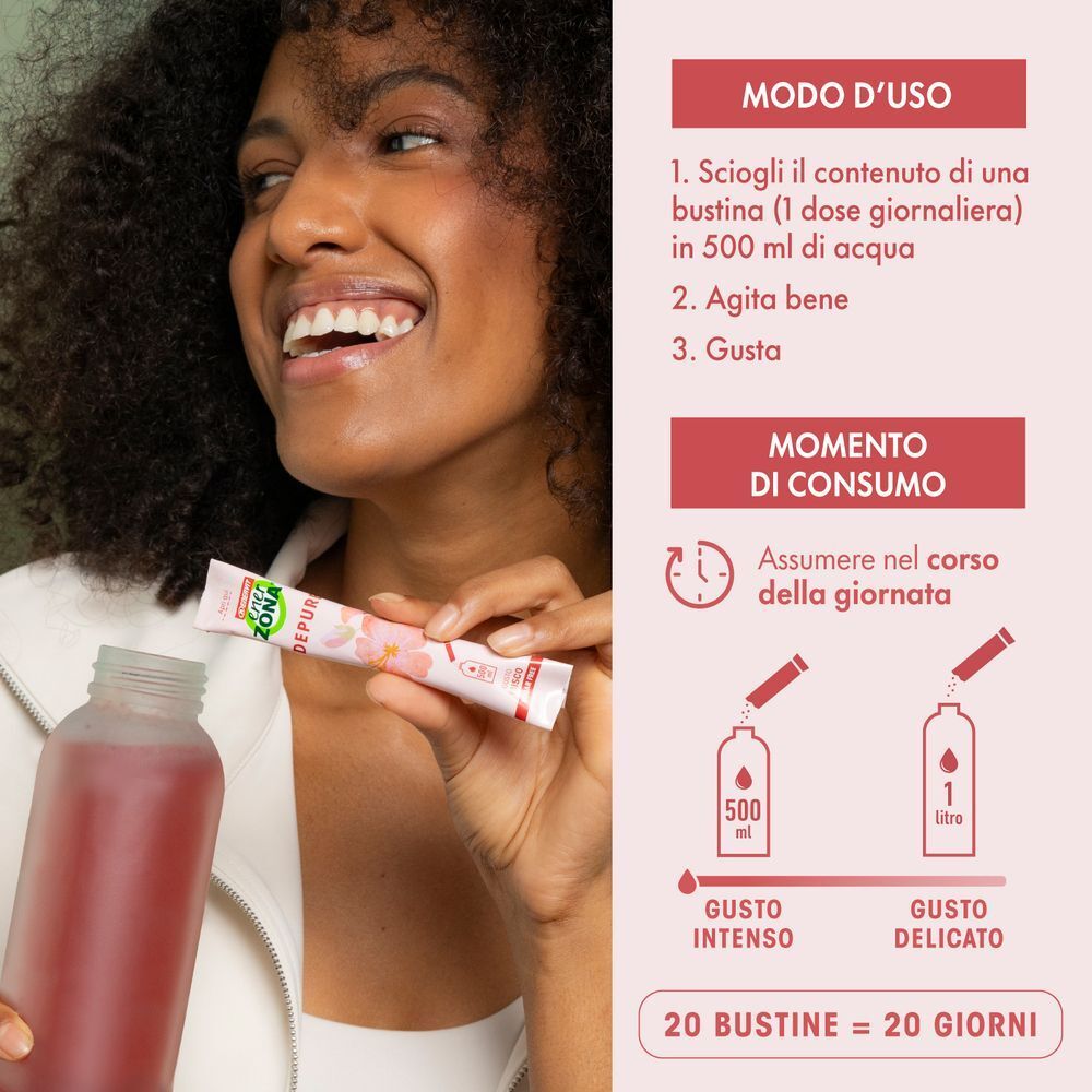 Donna versa polvere da bustina EnerZona Care Depure in bottiglia d'acqua.