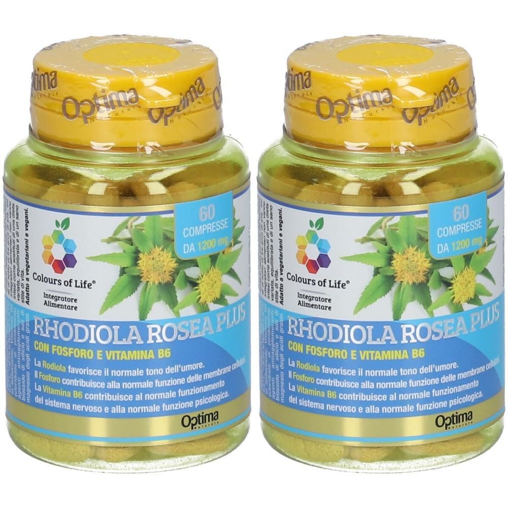 Due flaconi di Rhodiola Rosea Plus, integratore alimentare, 60 compresse per flacone.