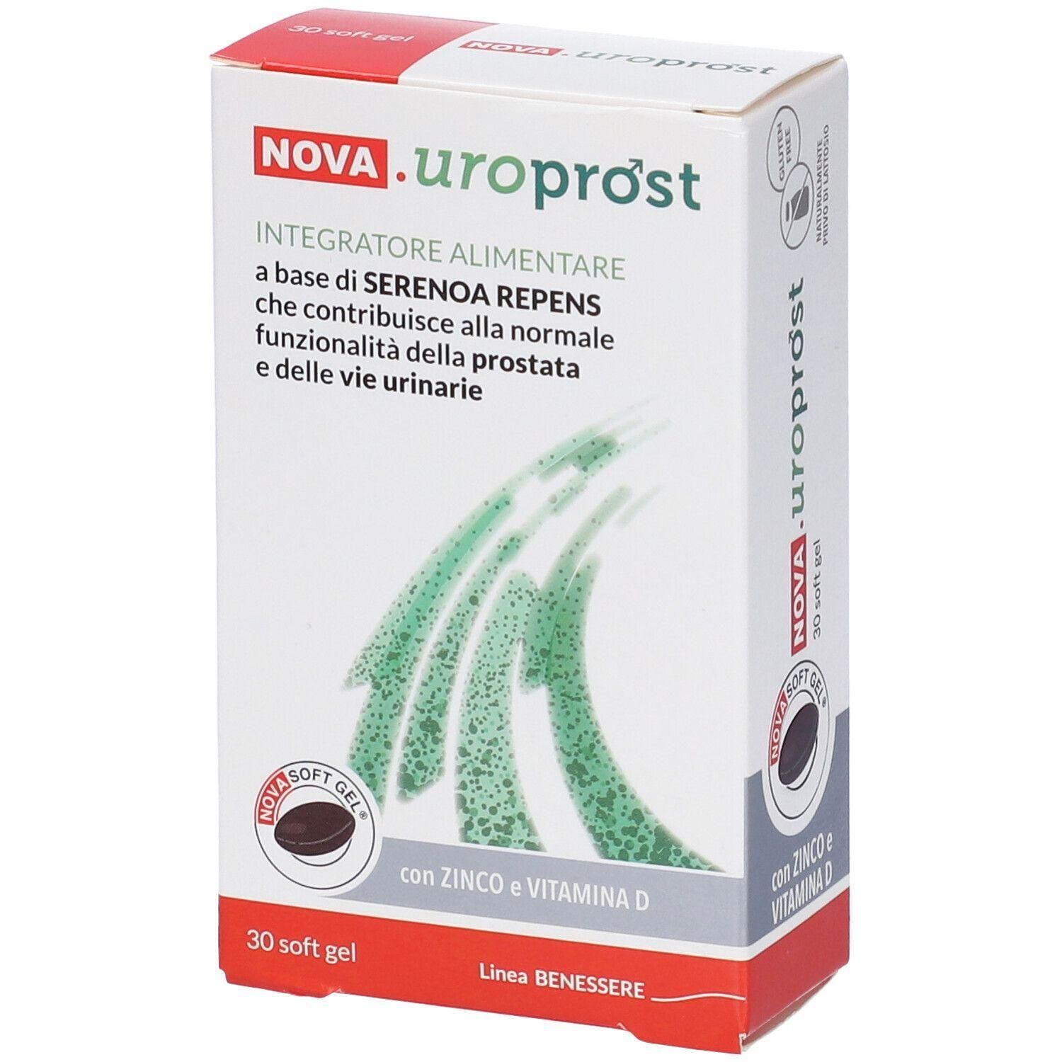 Confezione NOVA.uroprost, 30 soft gel, a base di Serenoa Repens, zinco e vitamina D.