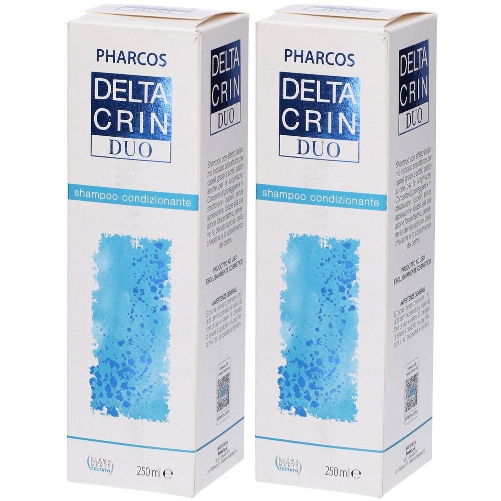 Due confezioni di shampoo-balsamo Deltacrin Duo, 250ml ciascuna. Scatole bianche con schizzi acquerello blu e testo.