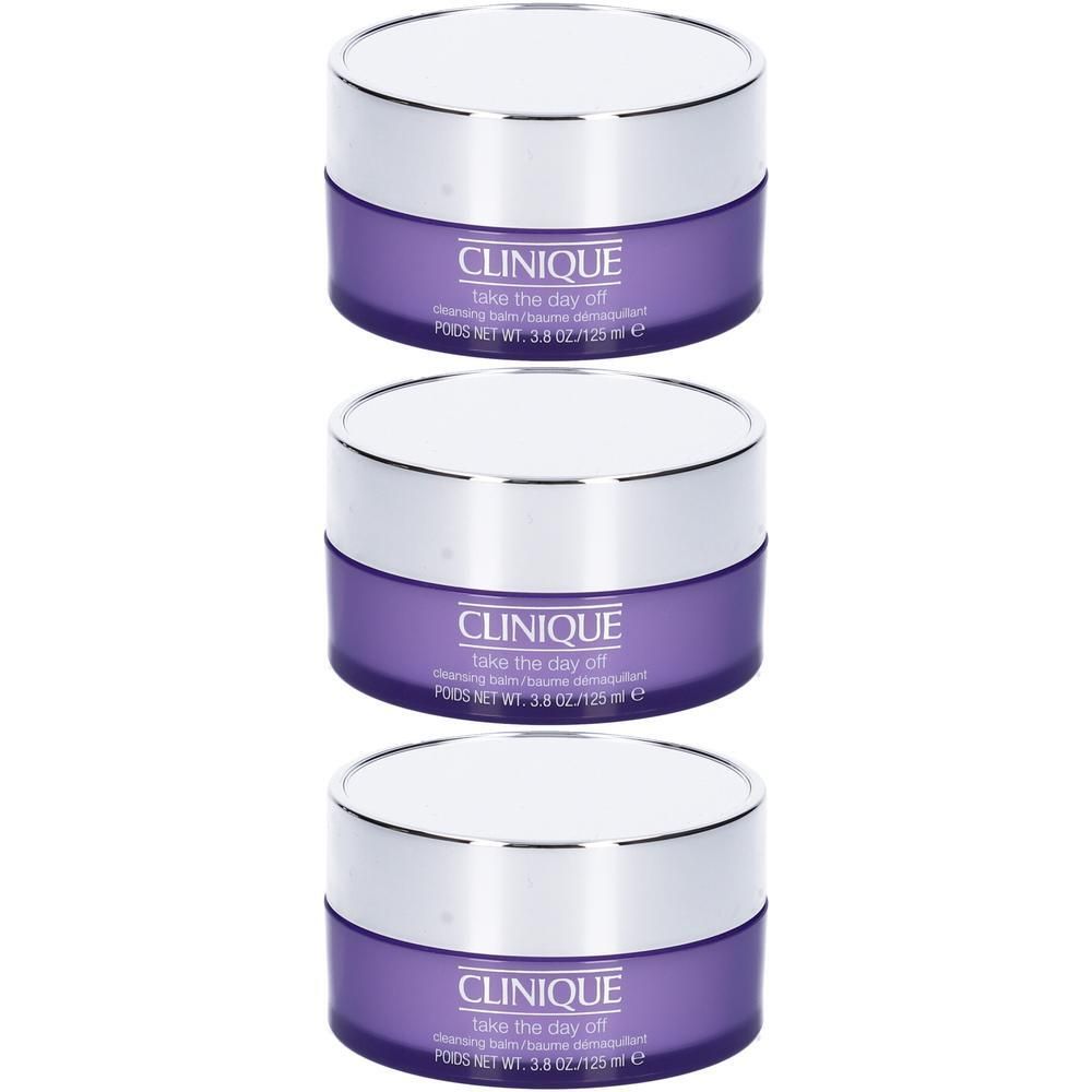 Tre barattoli di balsamo detergente Clinique Take The Day Off con coperchi argentati e contenitori viola.