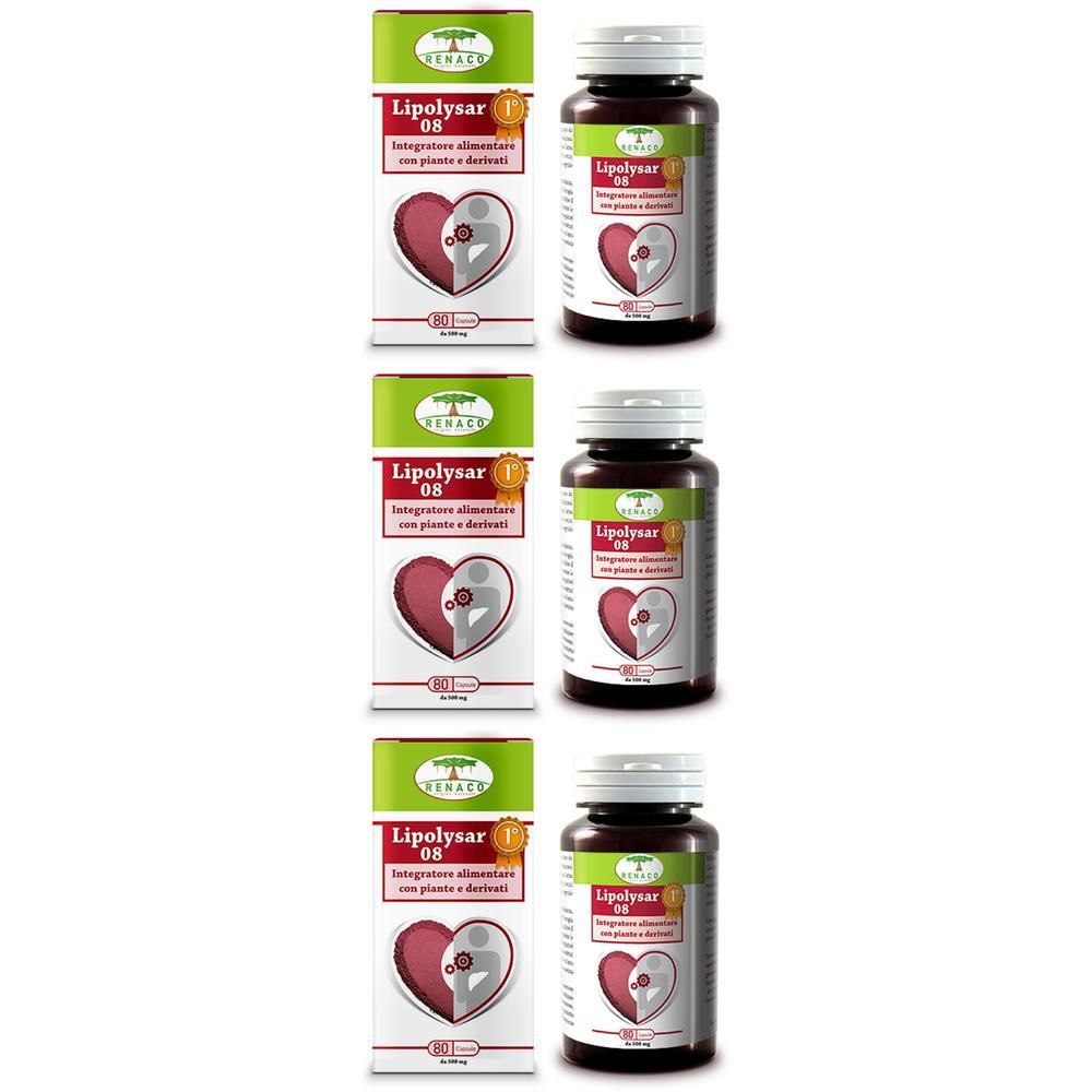Tre confezioni di capsule Lipolysar 08 con simbolo di cuore e illustrazione di pianta.