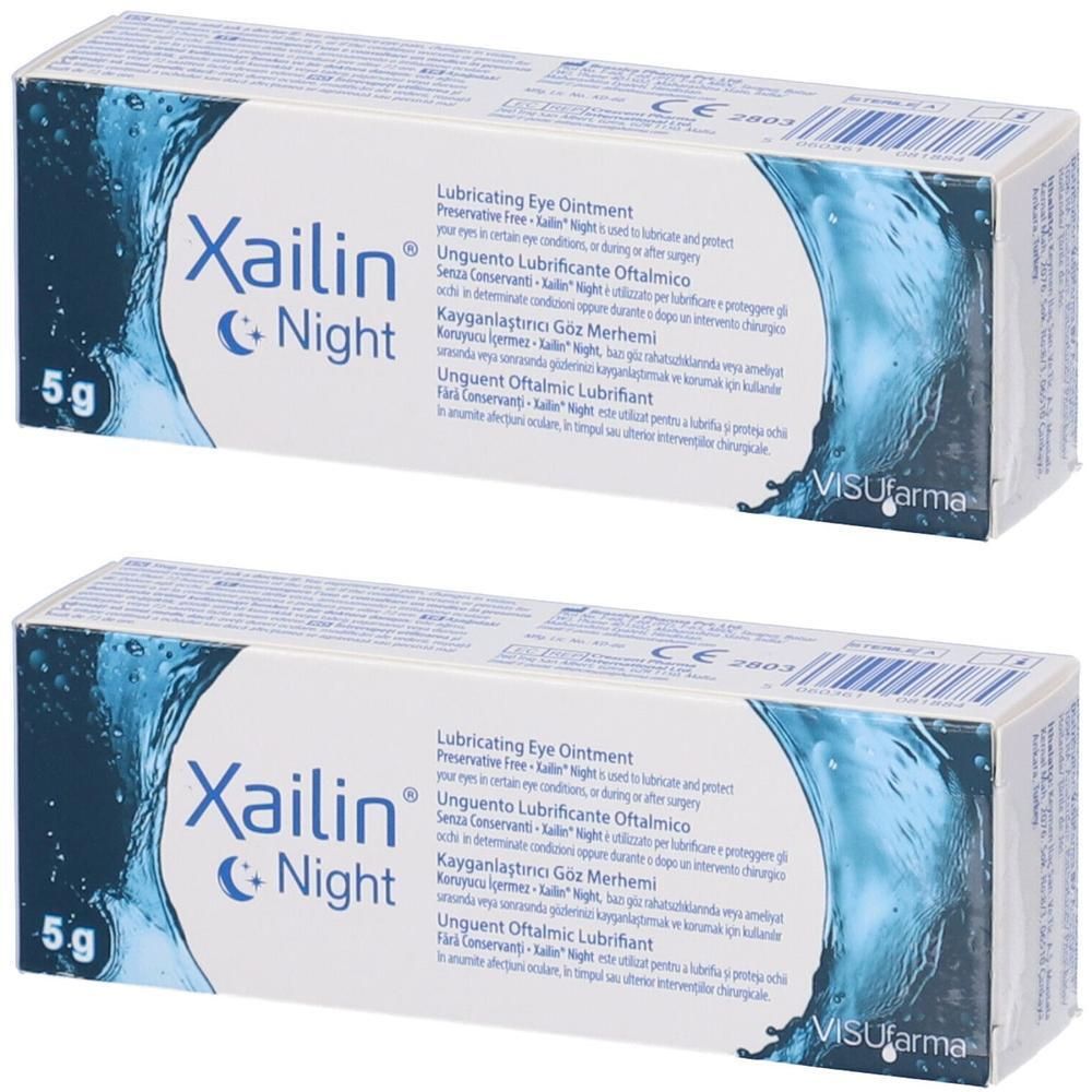 Due confezioni di unguento oftalmico Xailin Night, 5g. Etichettatura multilingue.