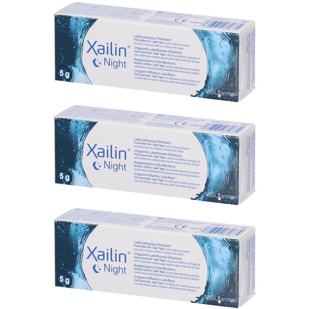 Tre confezioni di unguento oftalmico Xailin Night, 5g. Etichettatura multilingue.
