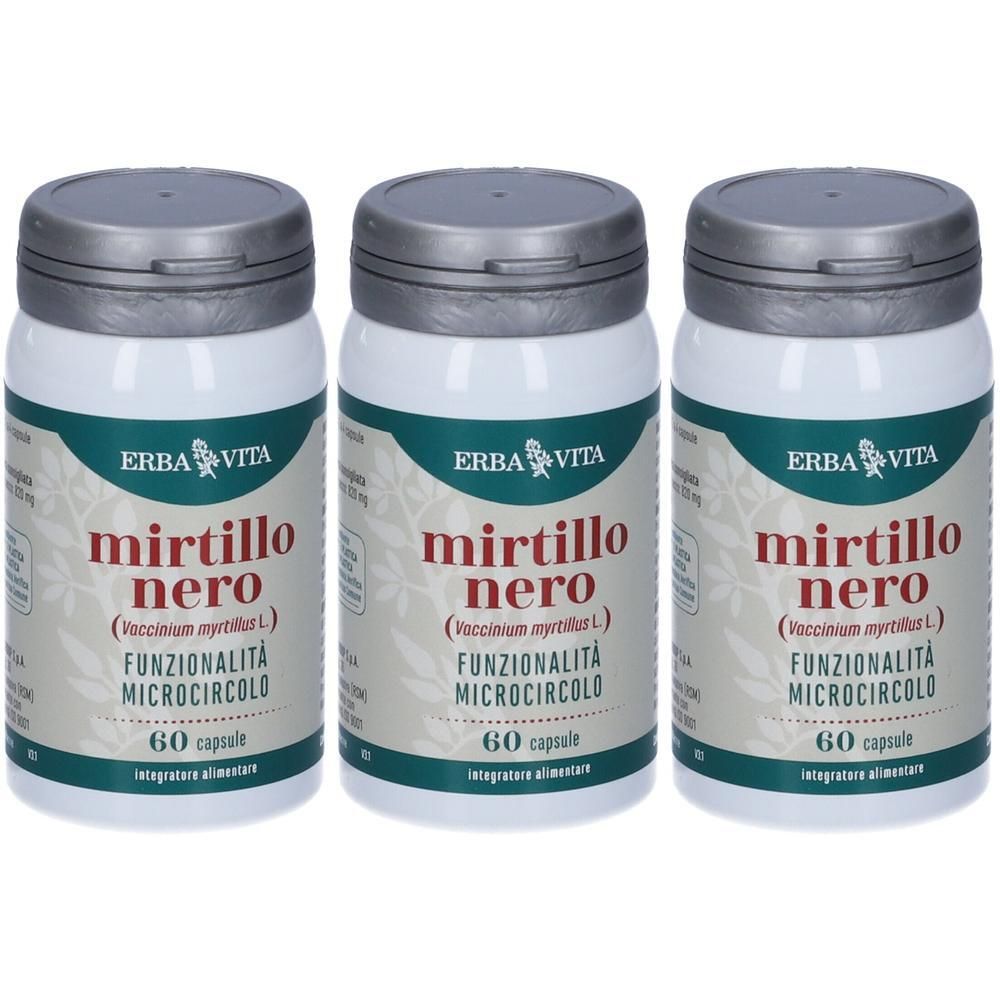 Tre flaconi ERBA VITA Mirtillo Nero, 60 capsule per flacone.