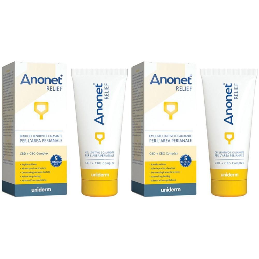 Due tubi e scatole Anonet Relief con complesso CBD + CBC.