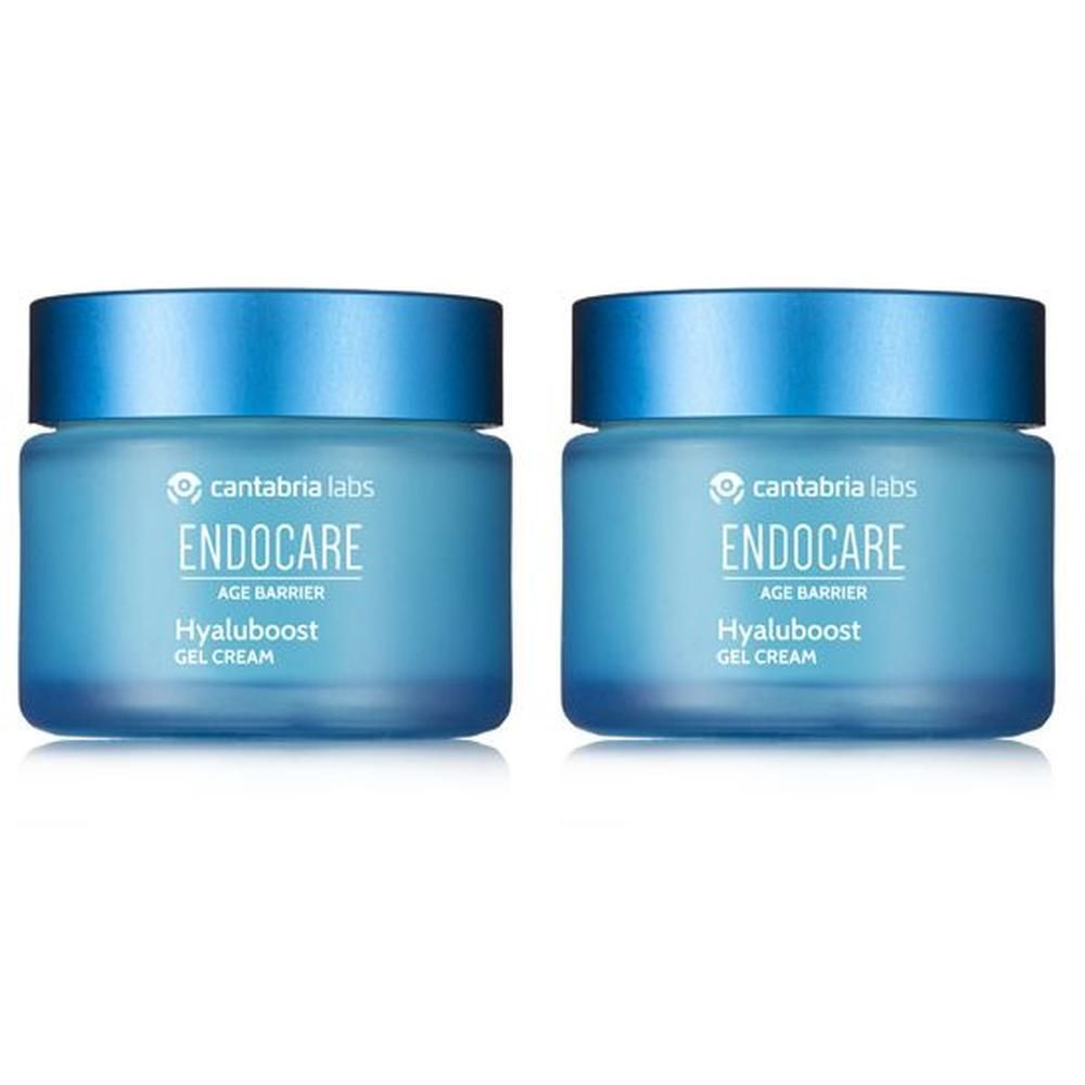 Due vasetti di crema gel Endocare Hyaluboost con tappi blu.