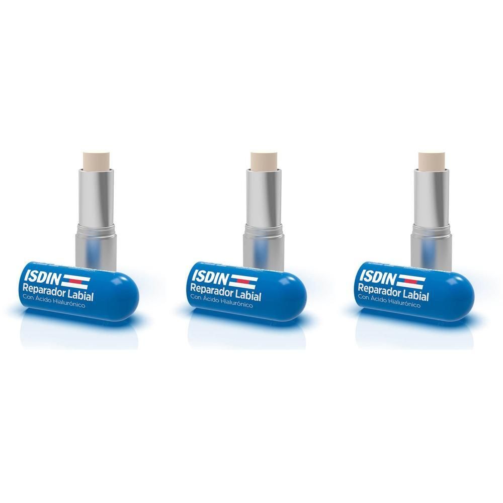 Tre stick balsamo labbra ISDIN in confezione blu con cappucci argentati.