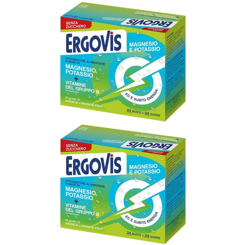 Due confezioni di Ergovis Magnesio e Potassio con Vitamine del Gruppo B, senza zuccheri.