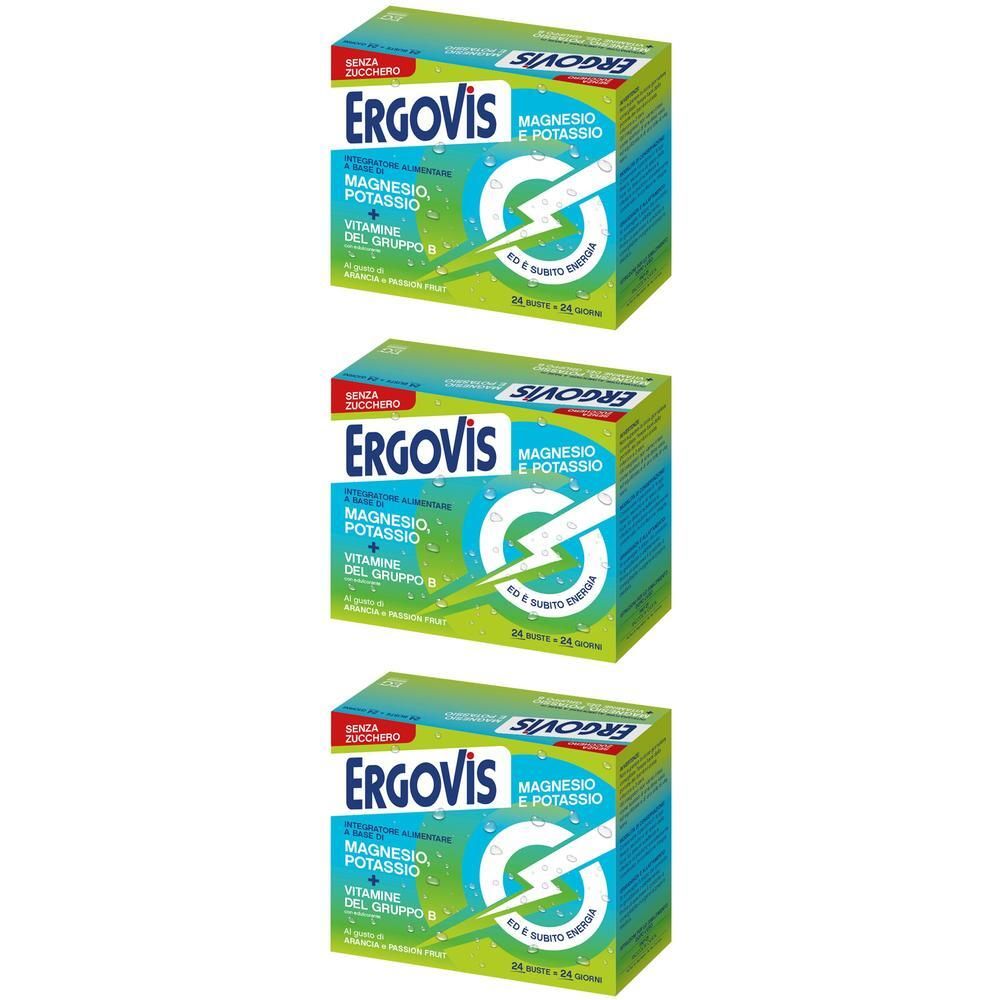 Tre confezioni di Ergovis Magnesio e Potassio con Vitamine B, senza zucchero.