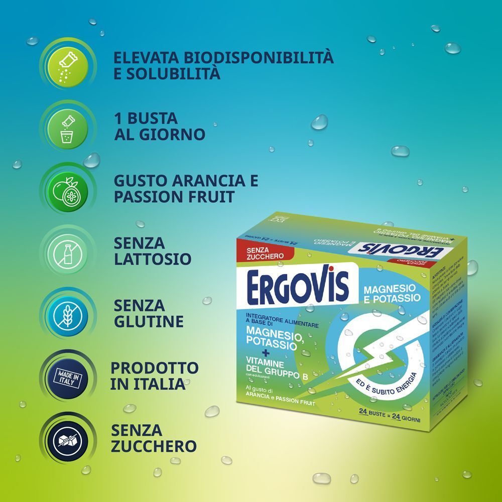 Ergovis: Confezione con simboli bustine, gusto arancia, senza lattosio/glutine, Made in Italy.