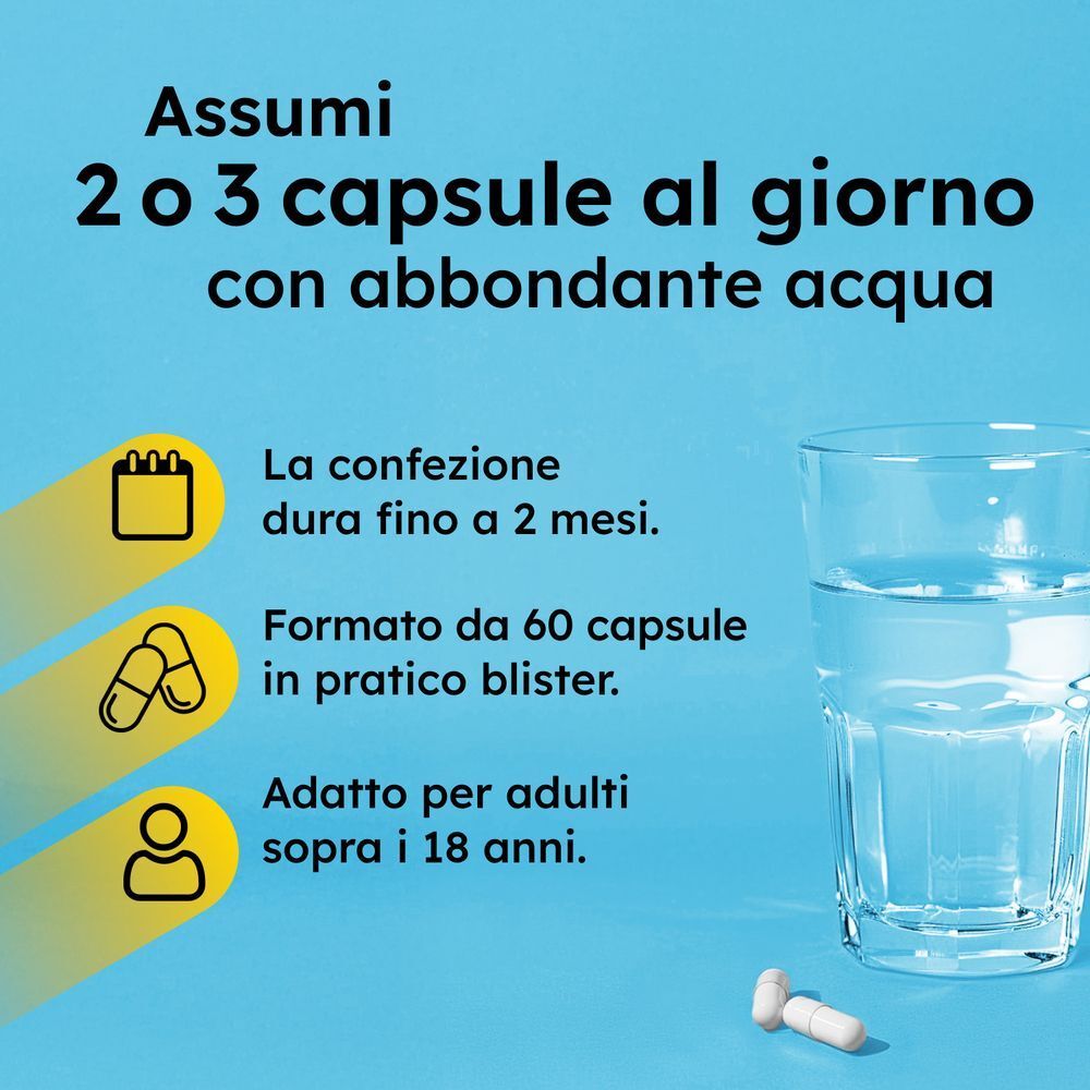 Istruzioni per assumere 2-3 capsule, durata confezione e per adulti.