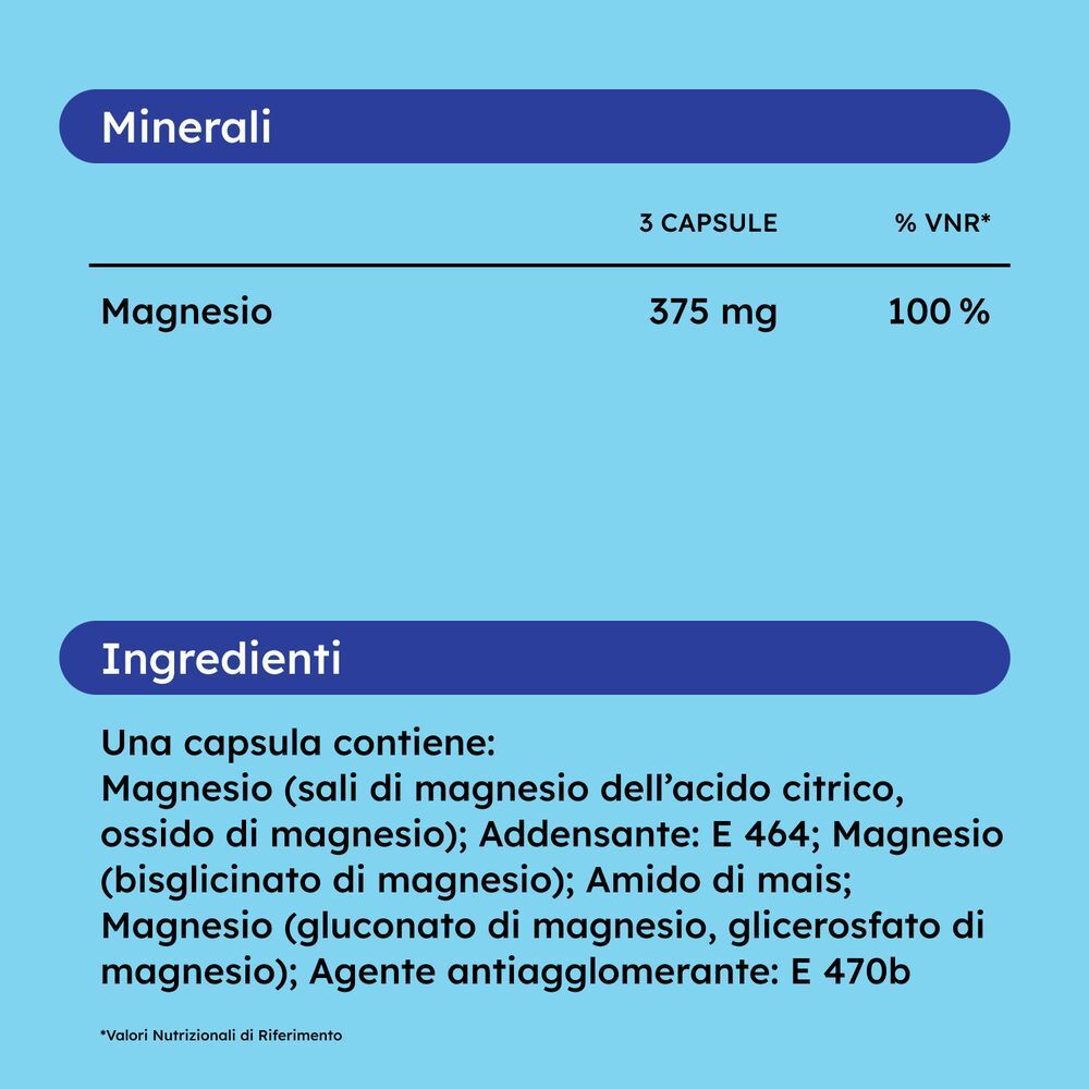 Tabella minerali: 375mg Magnesio (100% VNR). Lista ingredienti con sali di magnesio.