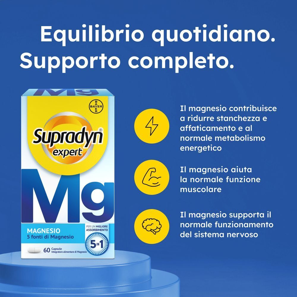 Confezione Supradyn Expert Mg con icone per energia, muscoli e sistema nervoso.