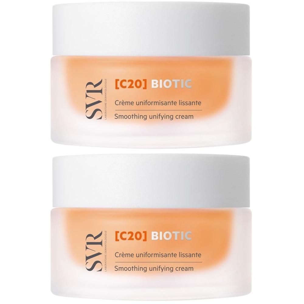 Due vasetti di crema SVR C20 Biotic con tappo bianco e contenuto arancione.