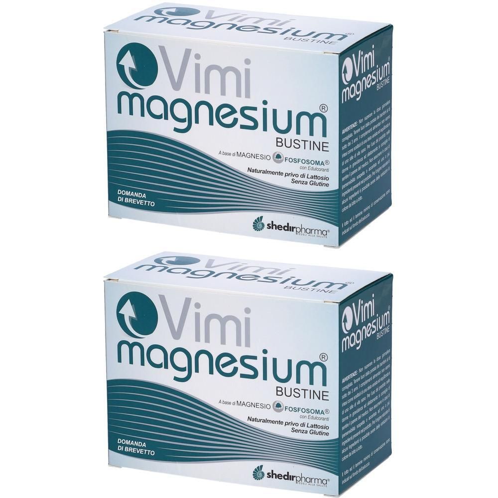Due confezioni di Vimi Magnesium Bustine con informazioni su Magnesio e FOSFOMAMA.